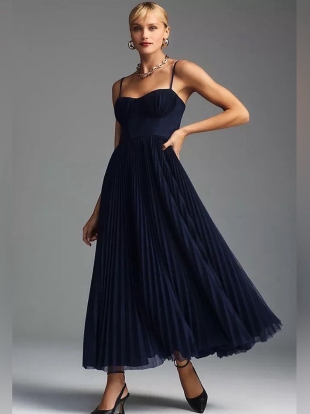 Hutch Anthropologie Navy Pleated Spaghetti-Strap Midi Dress